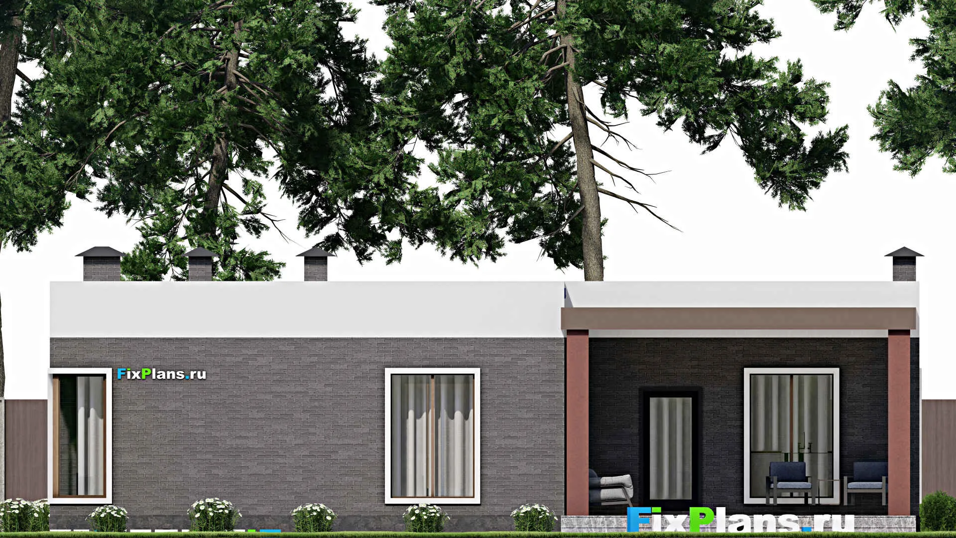 F-10727 - Проект одноэтажного дома 15 на 16, площадью 180 м² с террасой и 3 спальнями