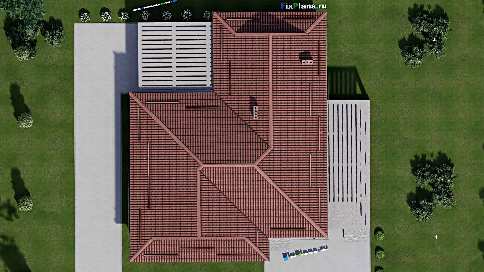 F-2204 - Проект одноэтажного дома 16 на 21, площадью 280 м² с террасой, гаражом на 2 машины и 3 спальнями