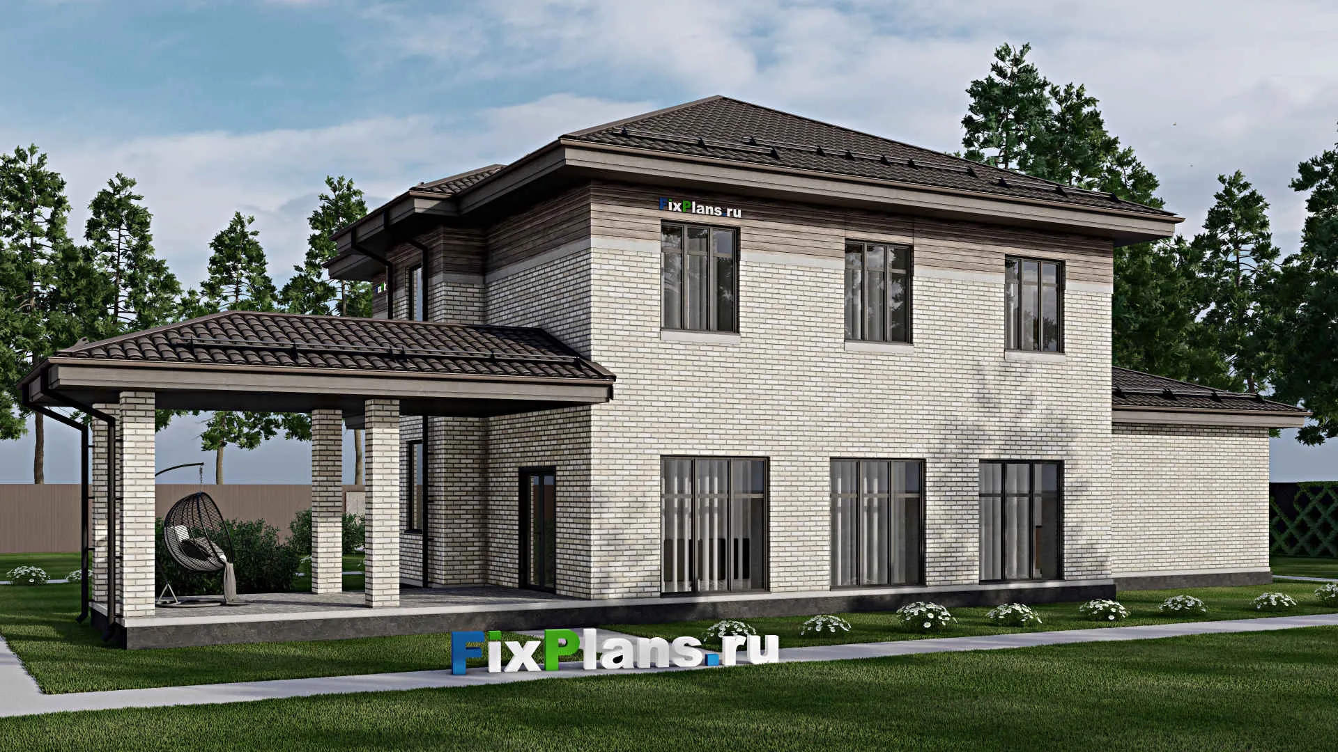 F-2708 - Проект двухэтажного дома 12 на 19, площадью 280 м² с террасой, гаражом на 2 машины и 4 спальнями