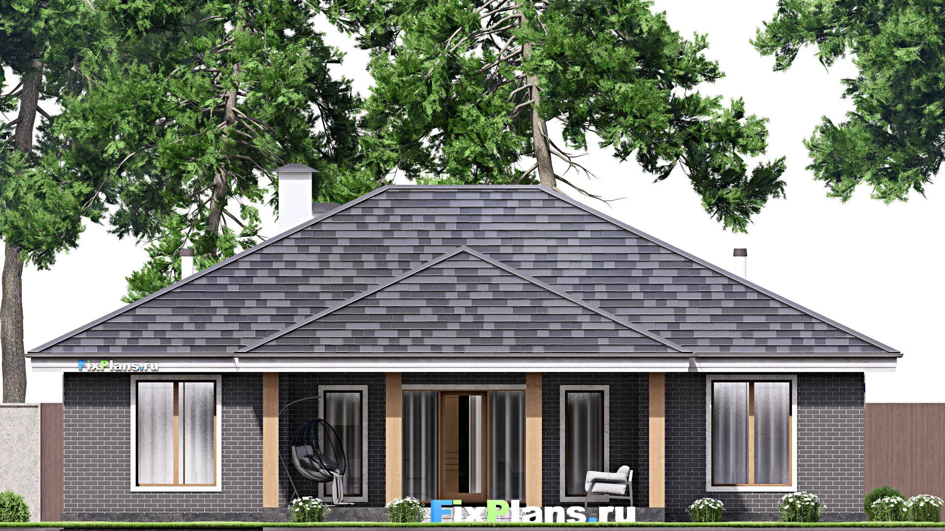 F-15245 - Проект одноэтажного дома 16 на 16, площадью 170 м² с террасой и 4 спальнями