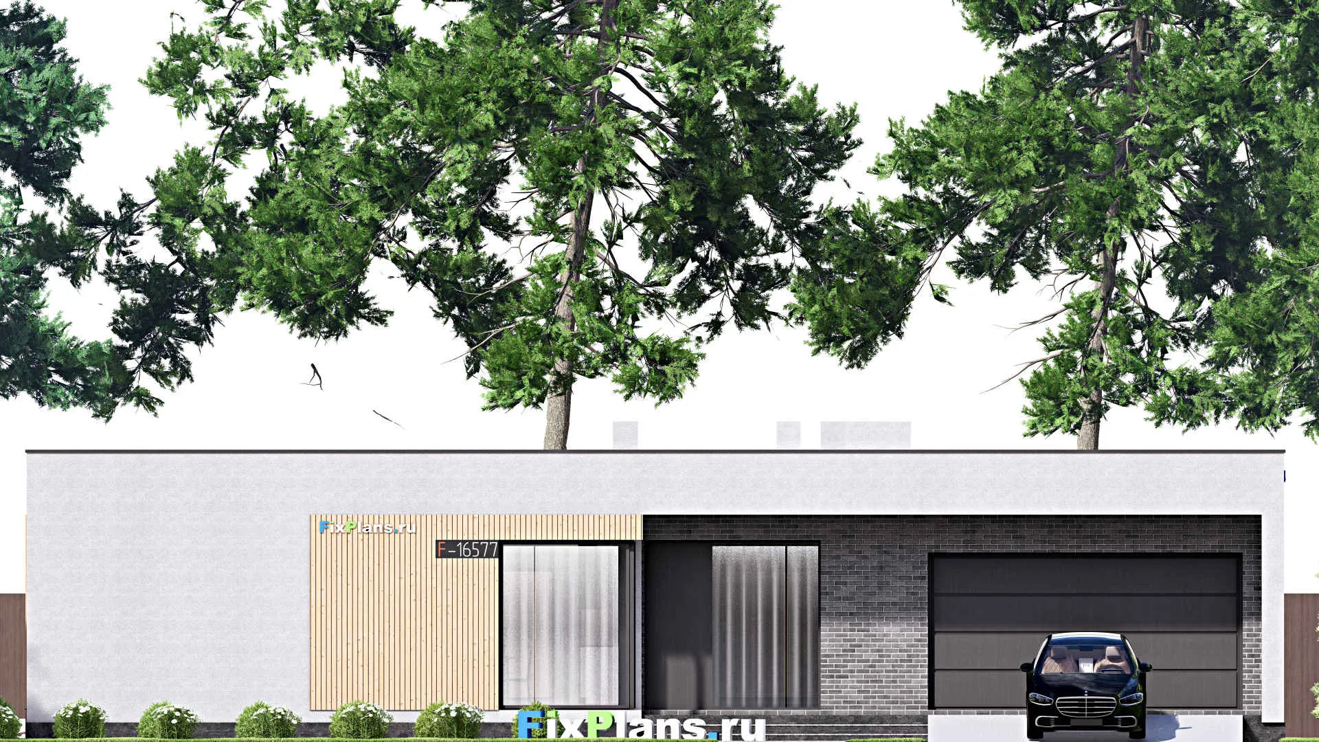 F-16577 - Проект одноэтажного дома 20 на 24, площадью 290 м² с террасой, гаражом на 2 машины и 3 спальнями