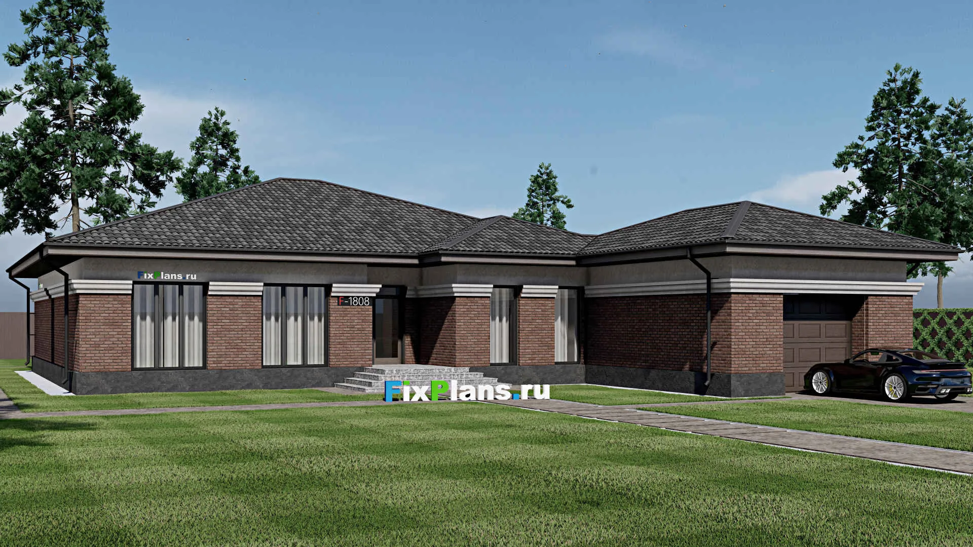 F-1808 - Проект одноэтажного дома 21 на 24, площадью 270 м² с террасой, гаражом на 2 машины и 4 спальнями