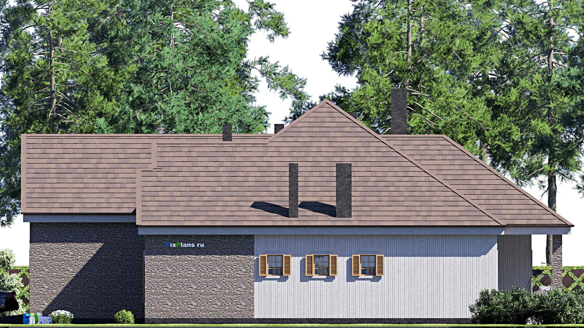 F-17135 - Проект дома с мансардой 22 на 22, площадью 340 м² с террасой, гаражом на 2 машины и 4 спальнями