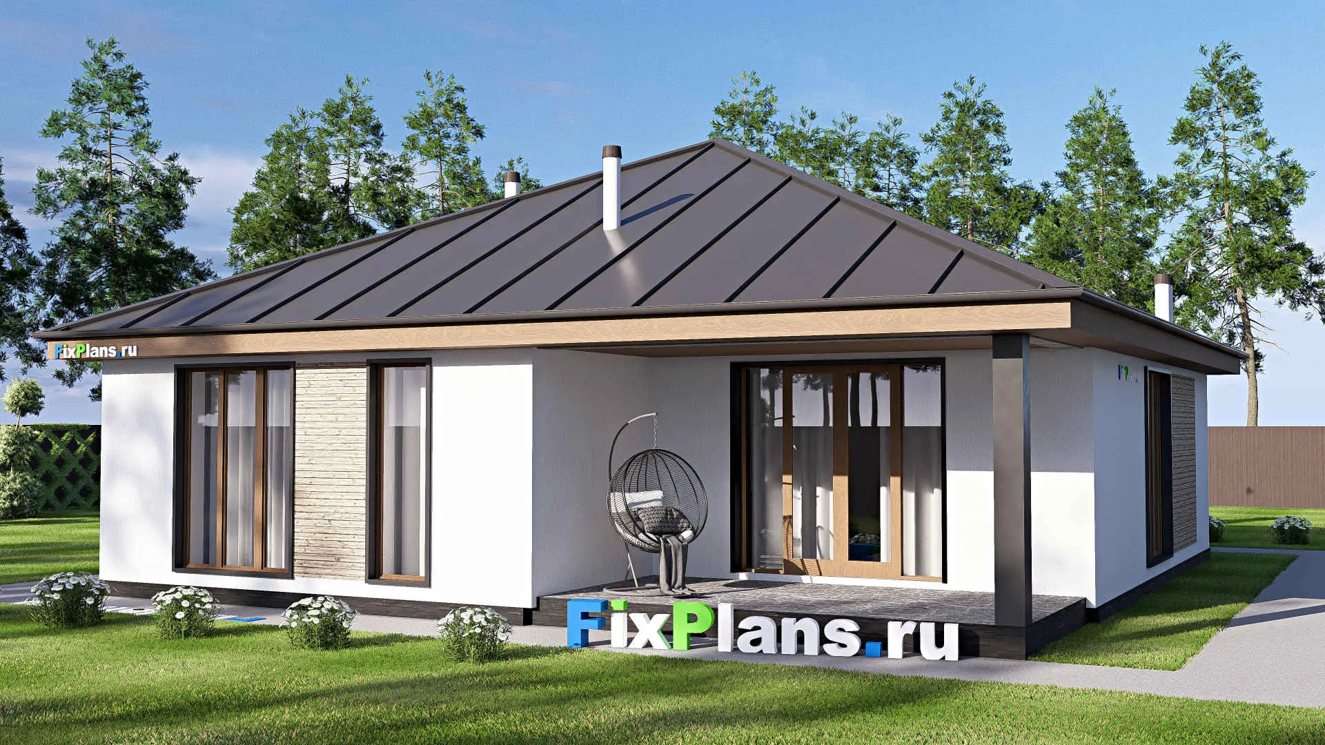 F-20267 - Проект одноэтажного дома 13 на 13, площадью 130 м² с террасой и 3 спальнями