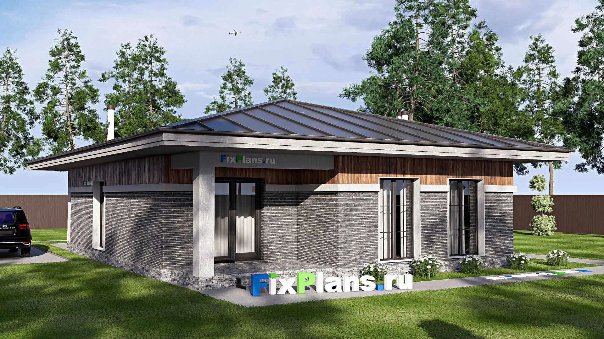 F-19736 - Проект одноэтажного дома 13 на 16, площадью 140 м² с террасой и 3 спальнями