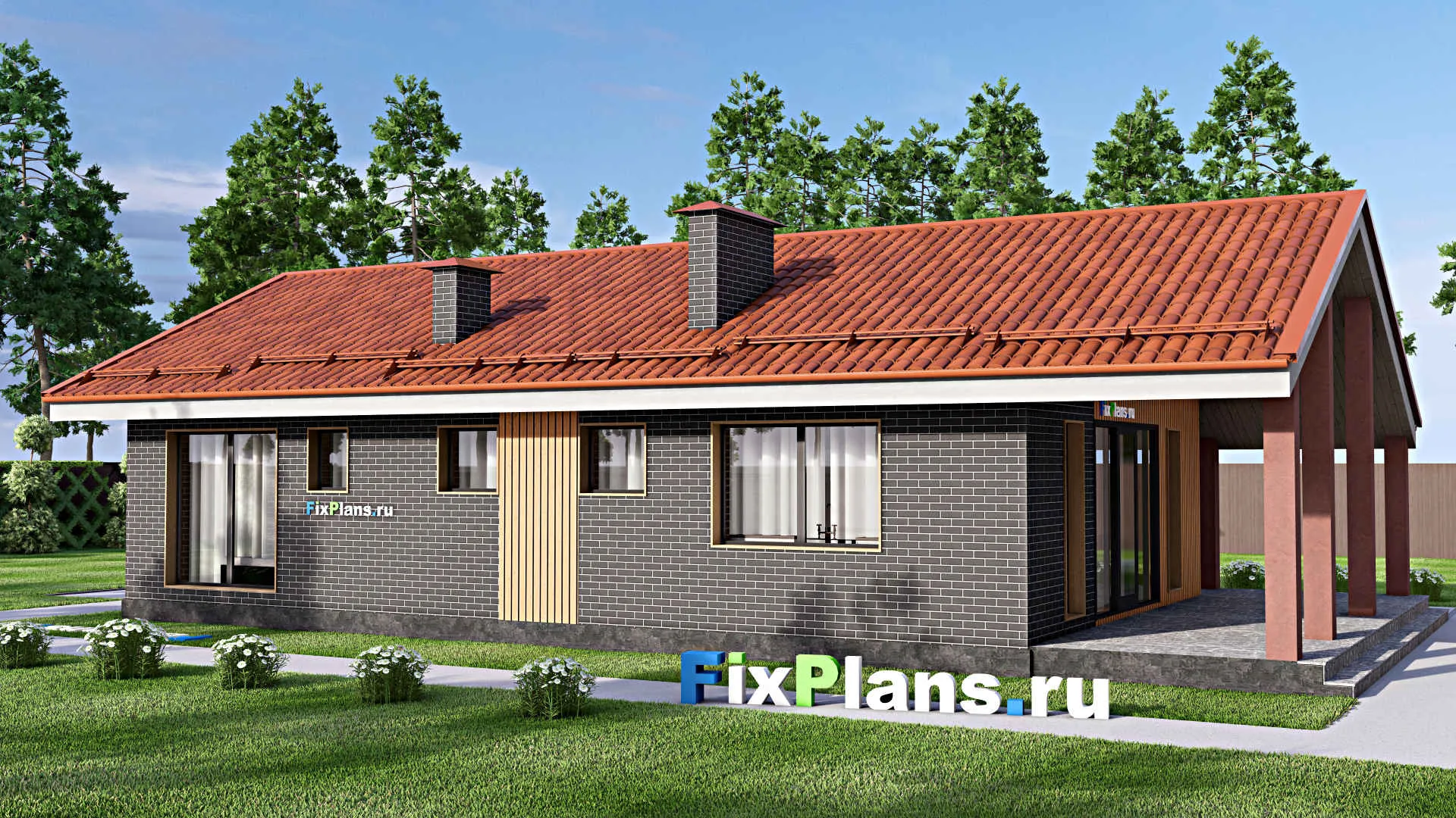 F-13751 - Проект одноэтажного дома 10 на 17, площадью 130 м² с террасой и 3 спальнями