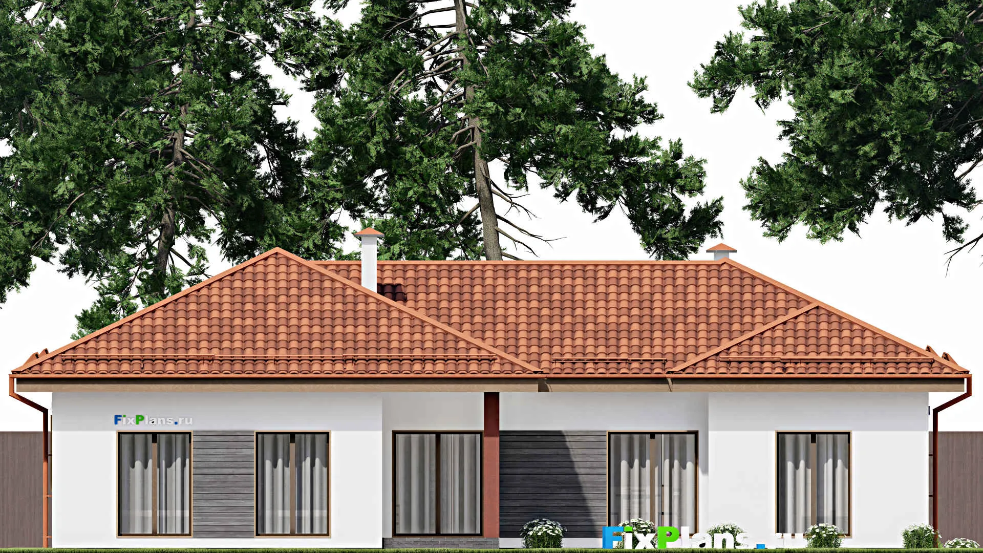 F-6272 - Проект одноэтажного дома 17 на 18, площадью 170 м² с террасой, гаражом на 1 машину и 3 спальнями