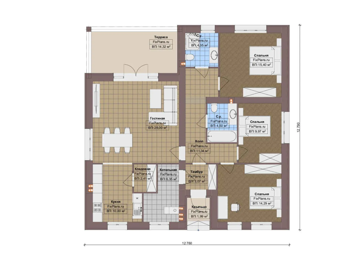 F-20267 - План одноэтажного дома 13 на 13, площадью 130 м² с террасой и 3 спальнями