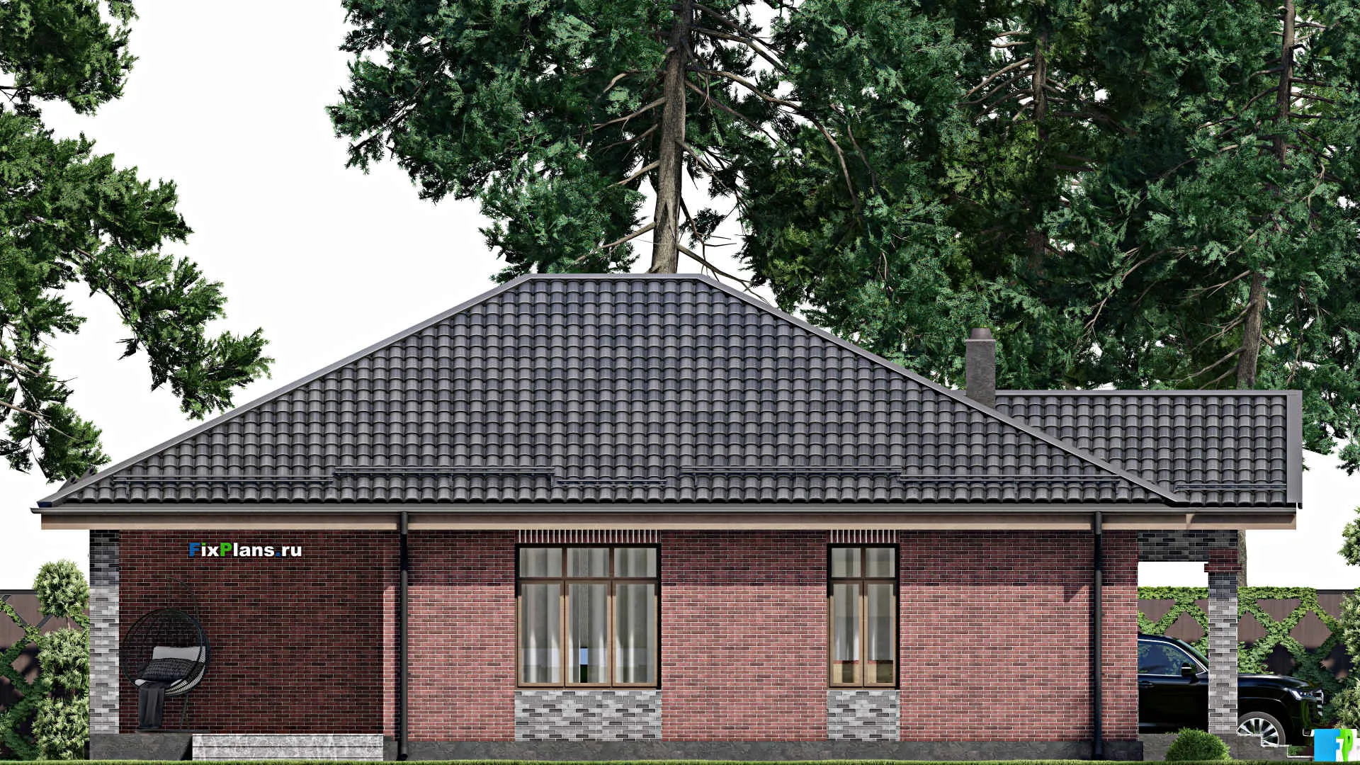 F-8468 - Проект одноэтажного дома 12 на 16, площадью 140 м² с террасой, баней и 2 спальнями