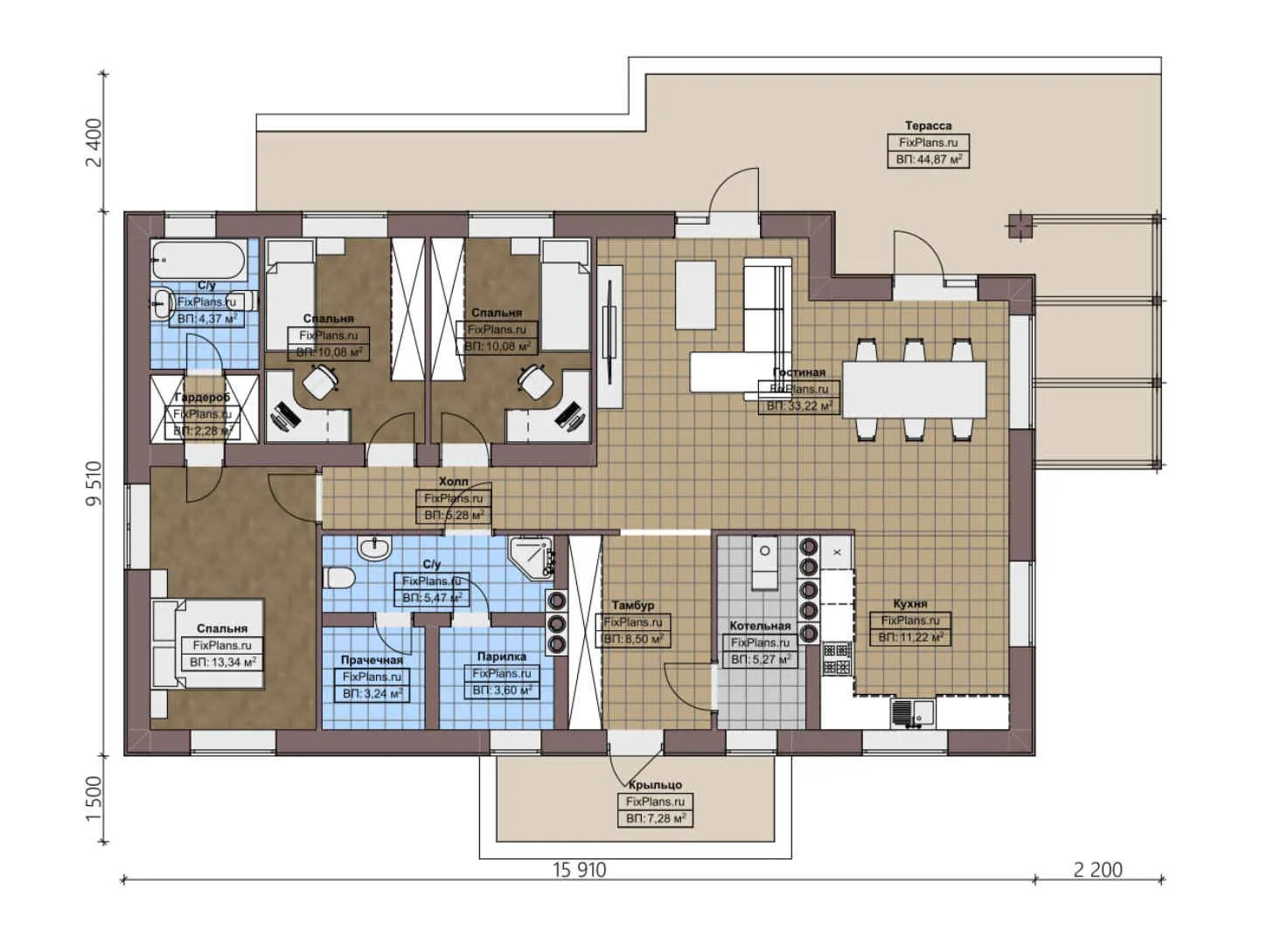 F-3374 - План одноэтажного дома 10 на 16, площадью 170 м² с террасой и 3 спальнями