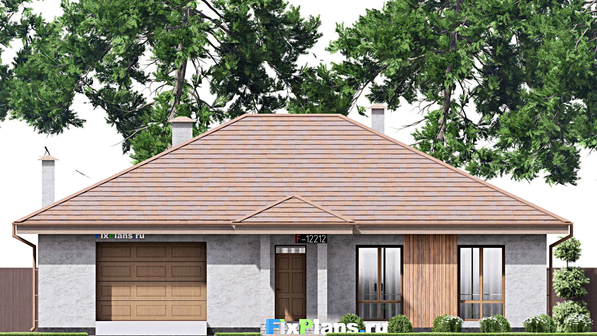 F-12212 - Проект одноэтажного дома 15 на 16, площадью 170 м² с гаражом на 2 машины и 3 спальнями