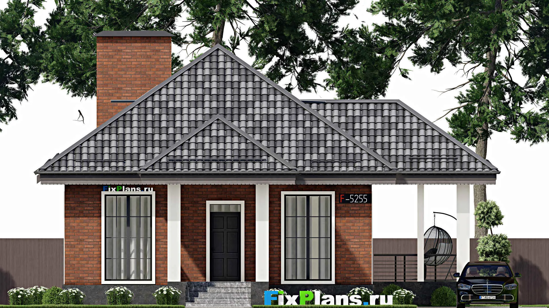 F-5255 - Проект одноэтажного дома 13 на 18, площадью 230 м² с террасой и 4 спальнями