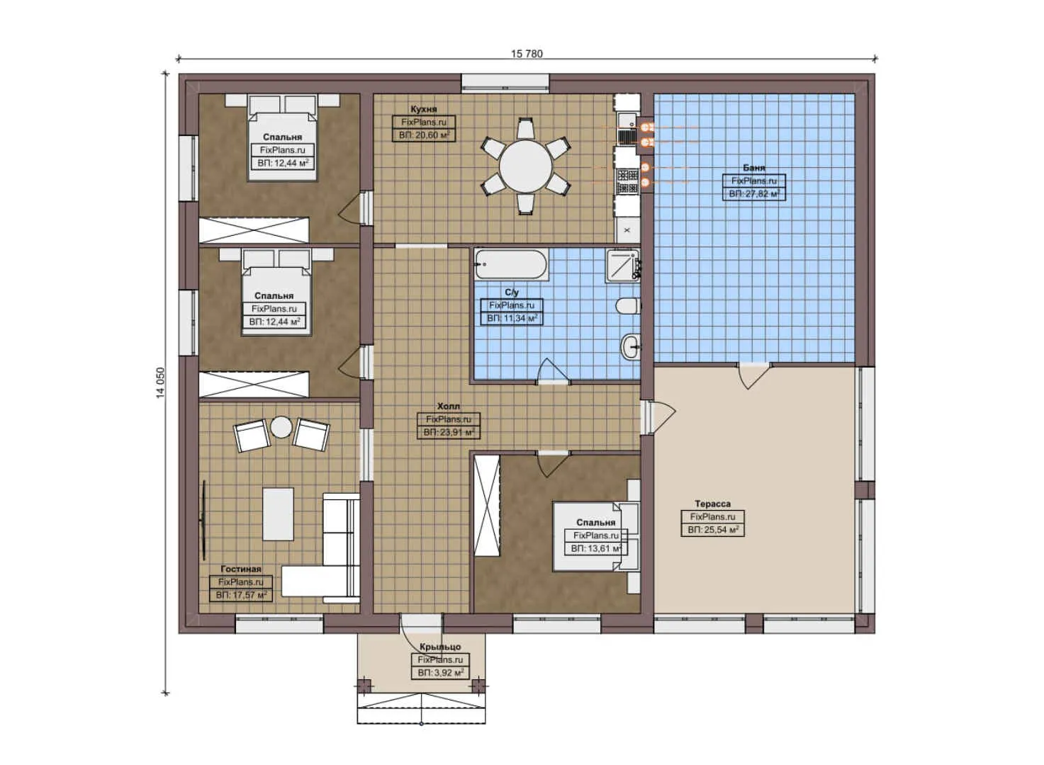 F-7694 - План одноэтажного дома 15 на 16, площадью 170 м² с террасой, баней и 3 спальнями