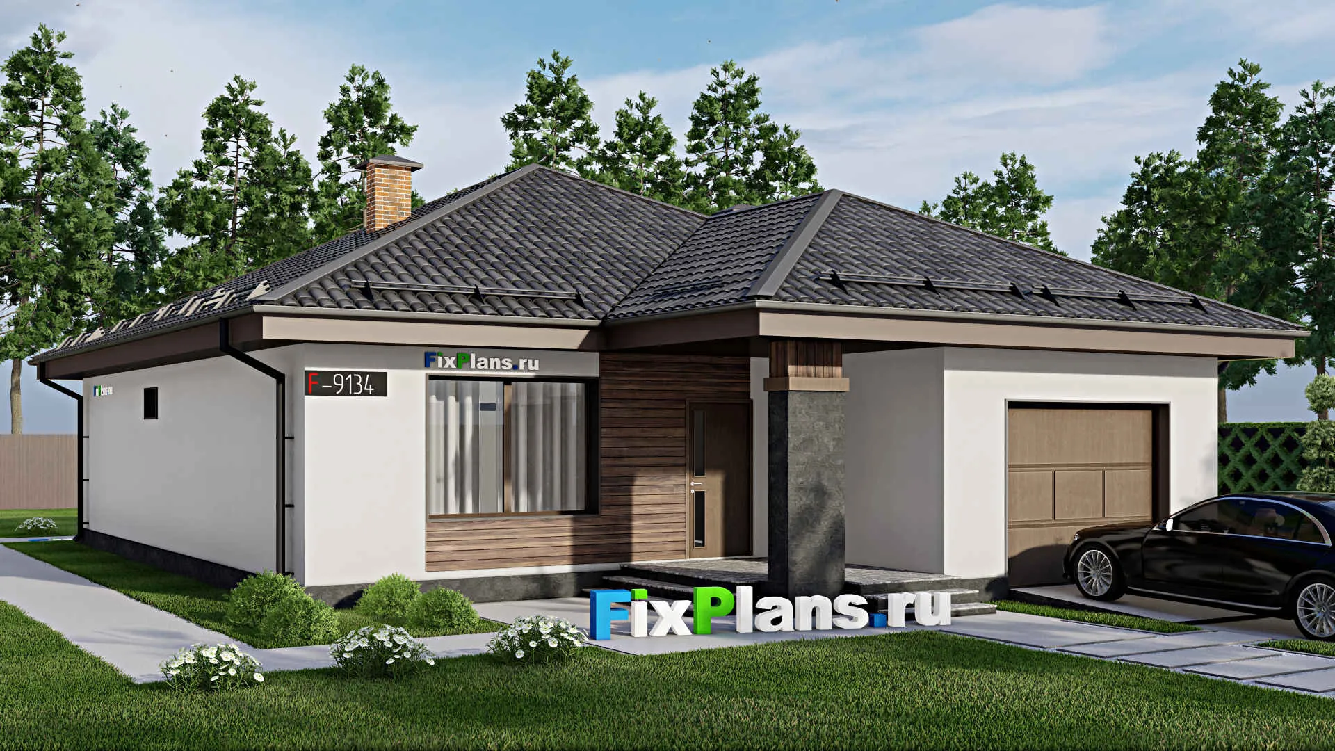 F-9134 - Проект одноэтажного дома 12 на 17, площадью 150 м² с террасой, гаражом на 1 машину и 3 спальнями