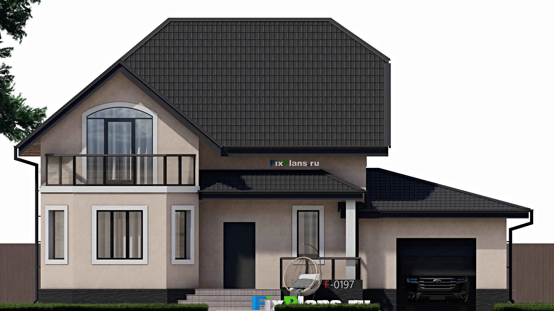 F-0197 - Проект дома с мансардой 11 на 15, площадью 160 м² с балконом, гаражом на 1 машину и 4 спальнями