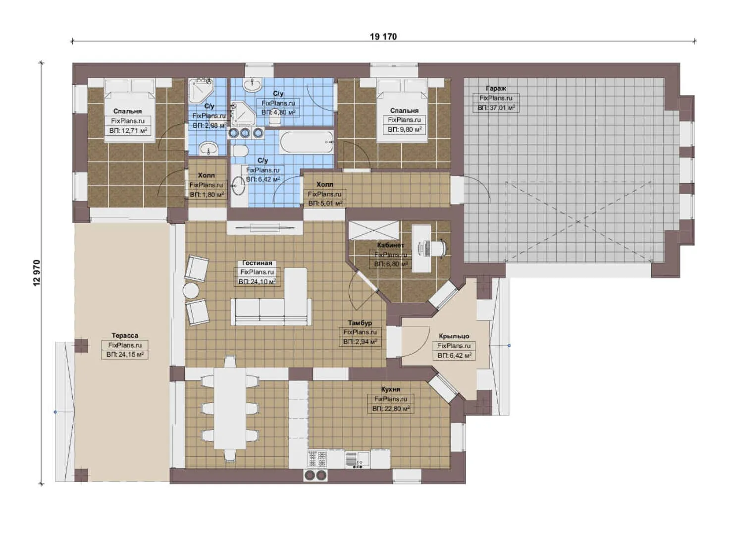 F-16865 - План одноэтажного дома 13 на 20, площадью 170 м² с террасой, гаражом на 2 машины и 2 спальнями