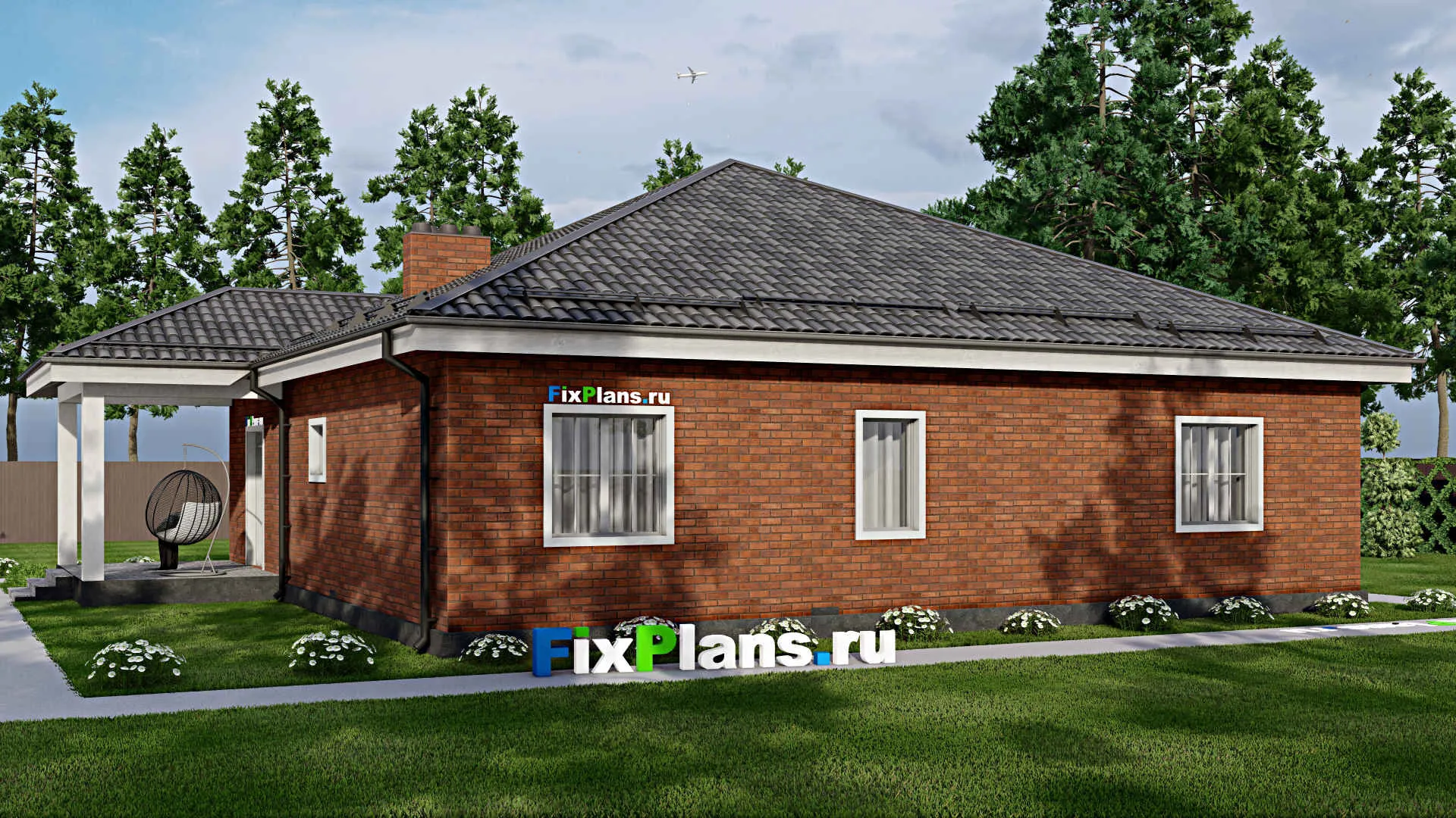 F-7316 - Проект одноэтажного дома 15 на 16, площадью 190 м² с террасой и 4 спальнями