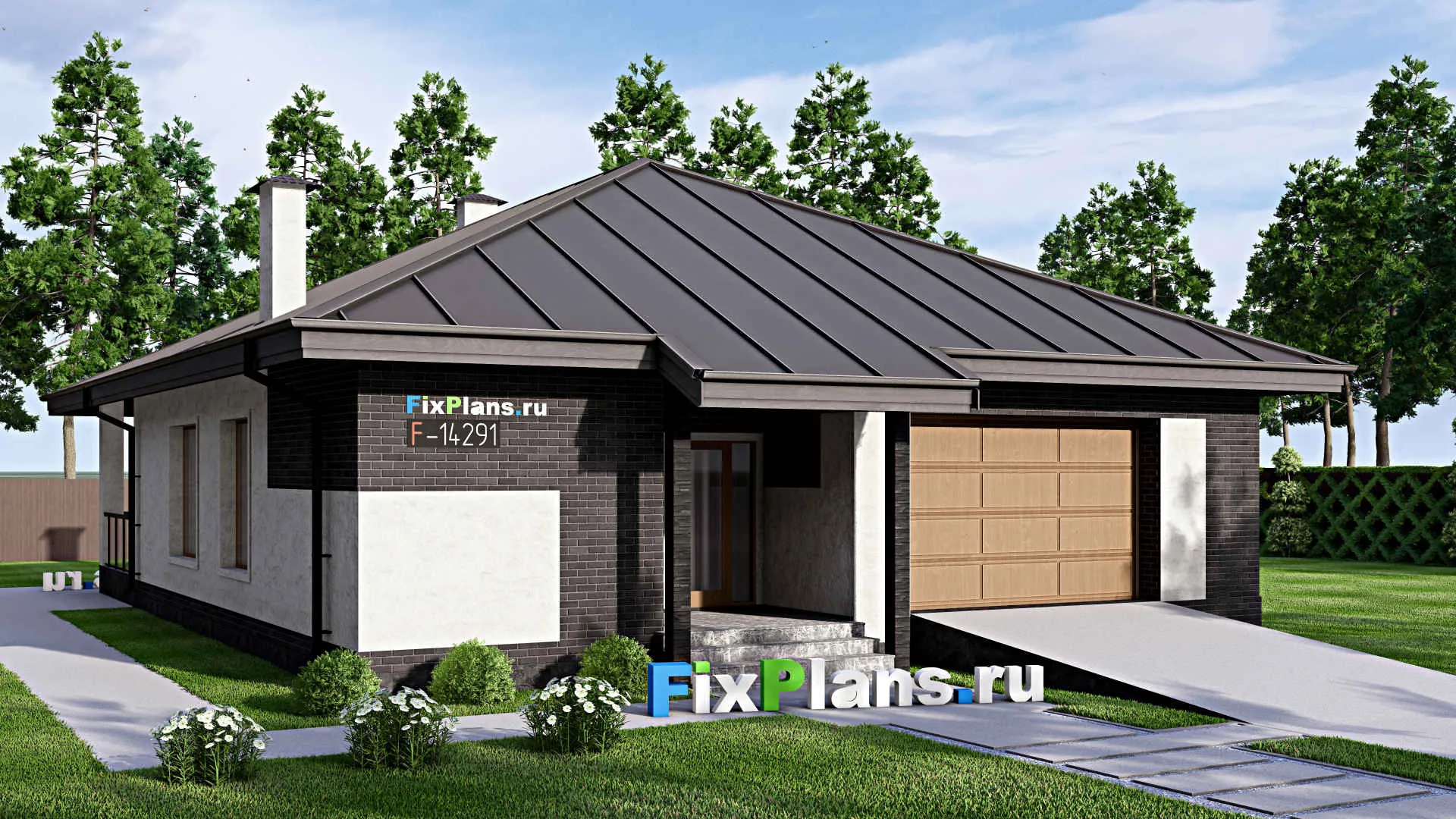 F-14291 - Проект одноэтажного дома 13 на 18, площадью 180 м² с террасой, гаражом на 1 машину и 3 спальнями