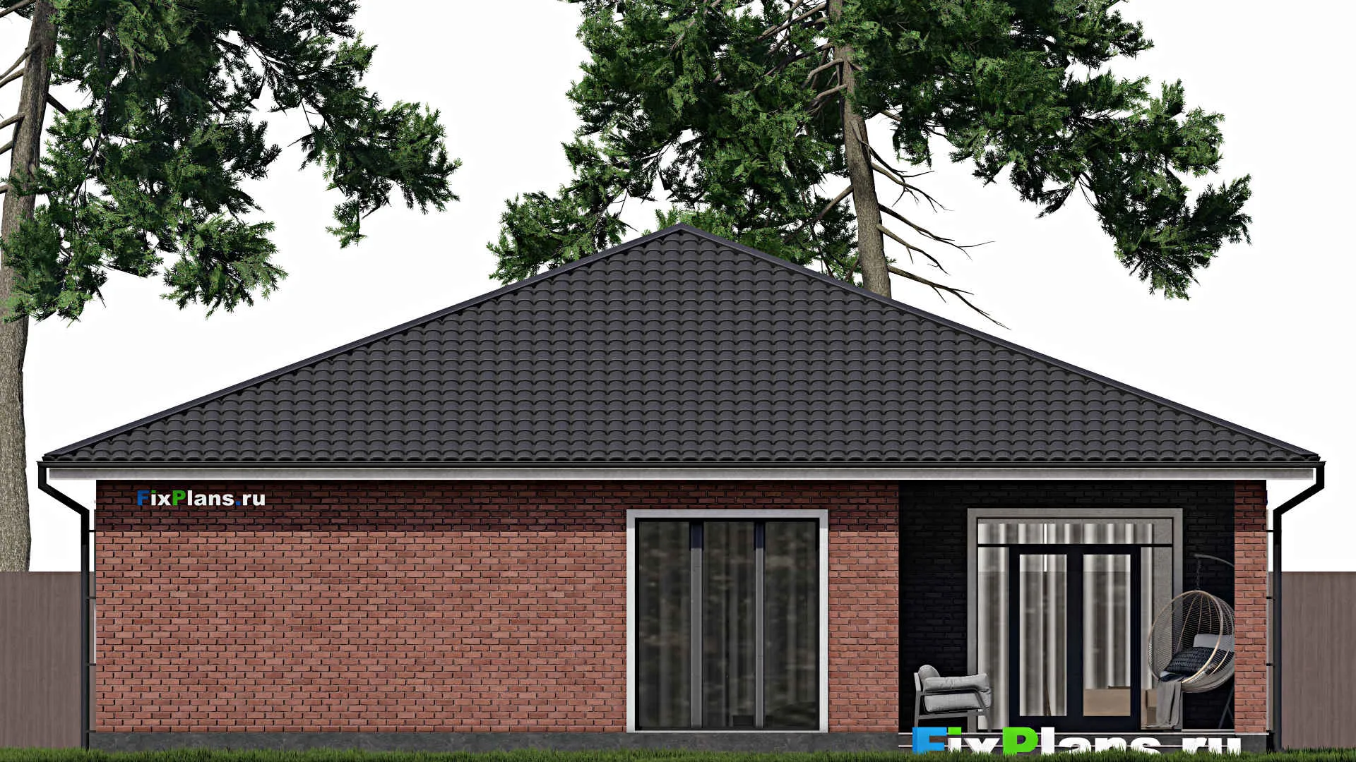 F-0602 - Проект одноэтажного дома 14 на 16, площадью 180 м² с террасой, гаражом на 1 машину и 3 спальнями