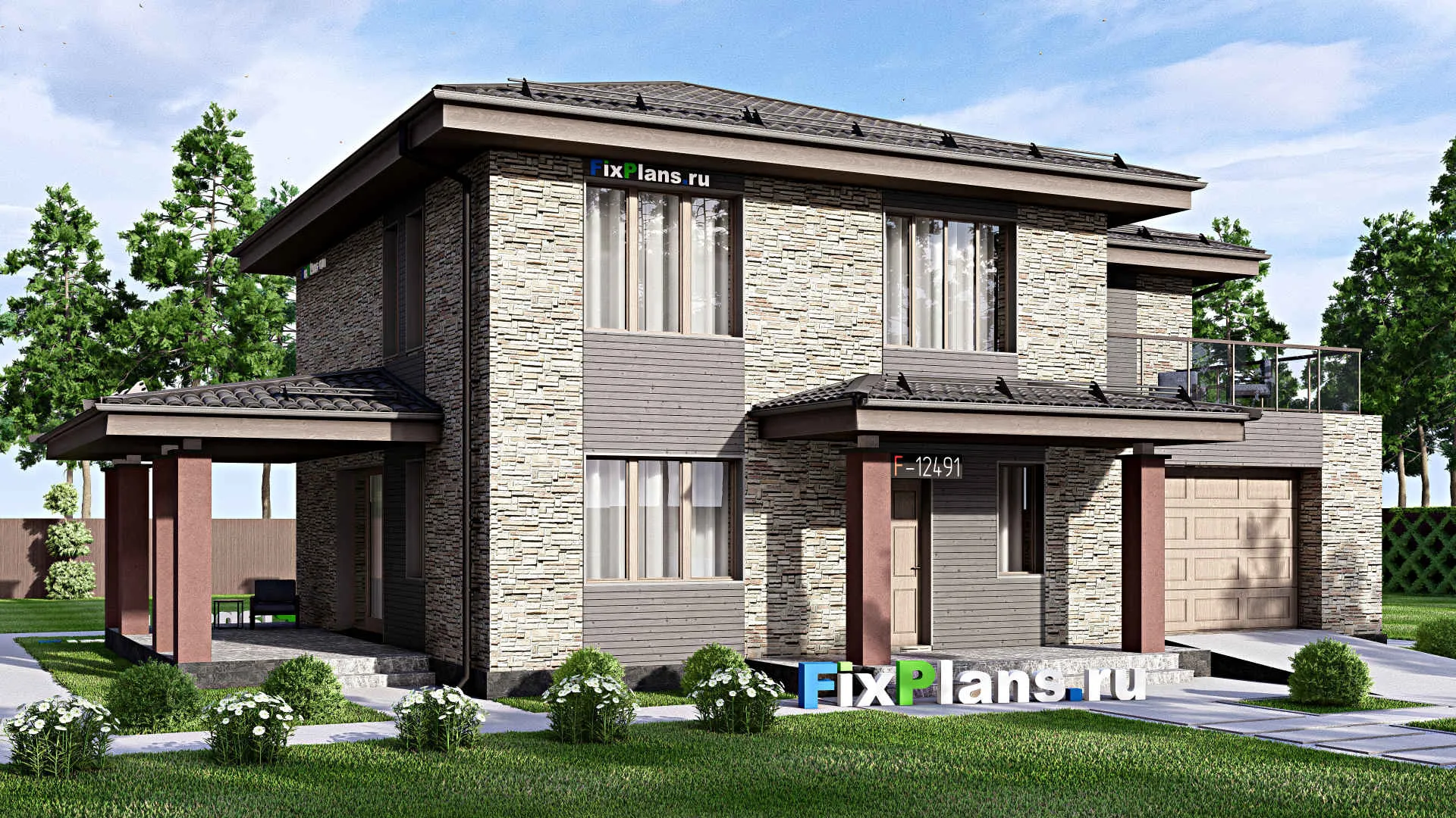 F-12491 - Проект двухэтажного дома 12 на 18, площадью 260 м² с террасой, балконом, гаражом на 1 машину и 3 спальнями