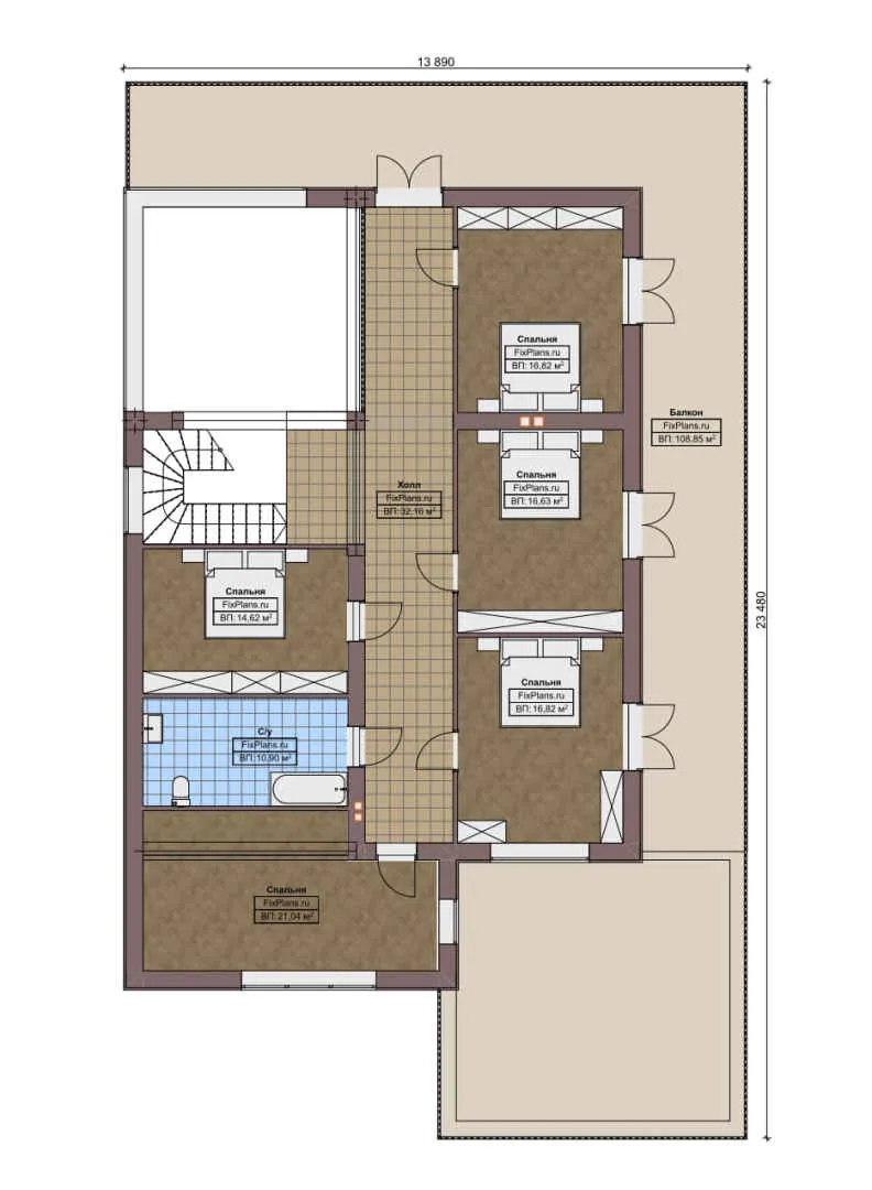 F-8855 - Планы двухэтажного дома 14 на 24, площадью 440 м² с террасой, балконом, гаражом на 2 машины и 6 спальнями