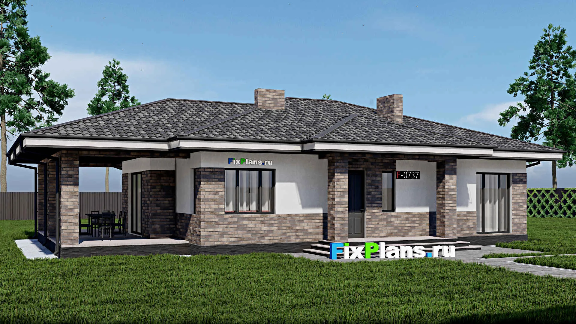 F-0737 - Проект одноэтажного дома 12 на 16, площадью 160 м² с террасой и 3 спальнями