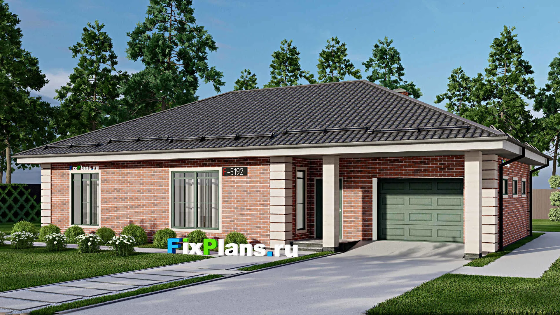 F-5192 - Проект одноэтажного дома 11 на 18, площадью 150 м² с гаражом на 1 машину и 3 спальнями