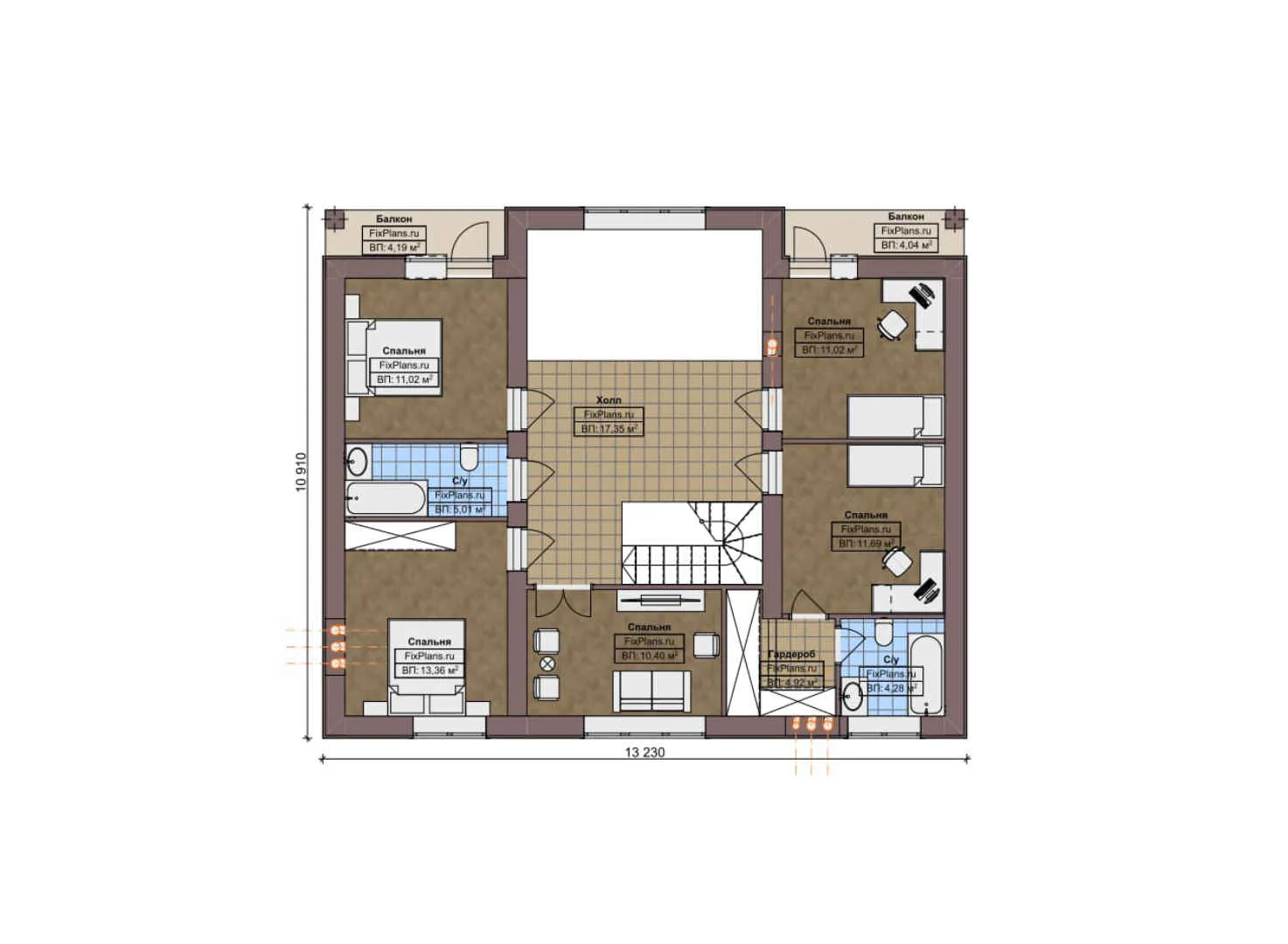 F-6218 - Планы дома с мансардой 16 на 22, площадью 310 м² с террасой, балконом, гаражом на 2 машины и 6 спальнями