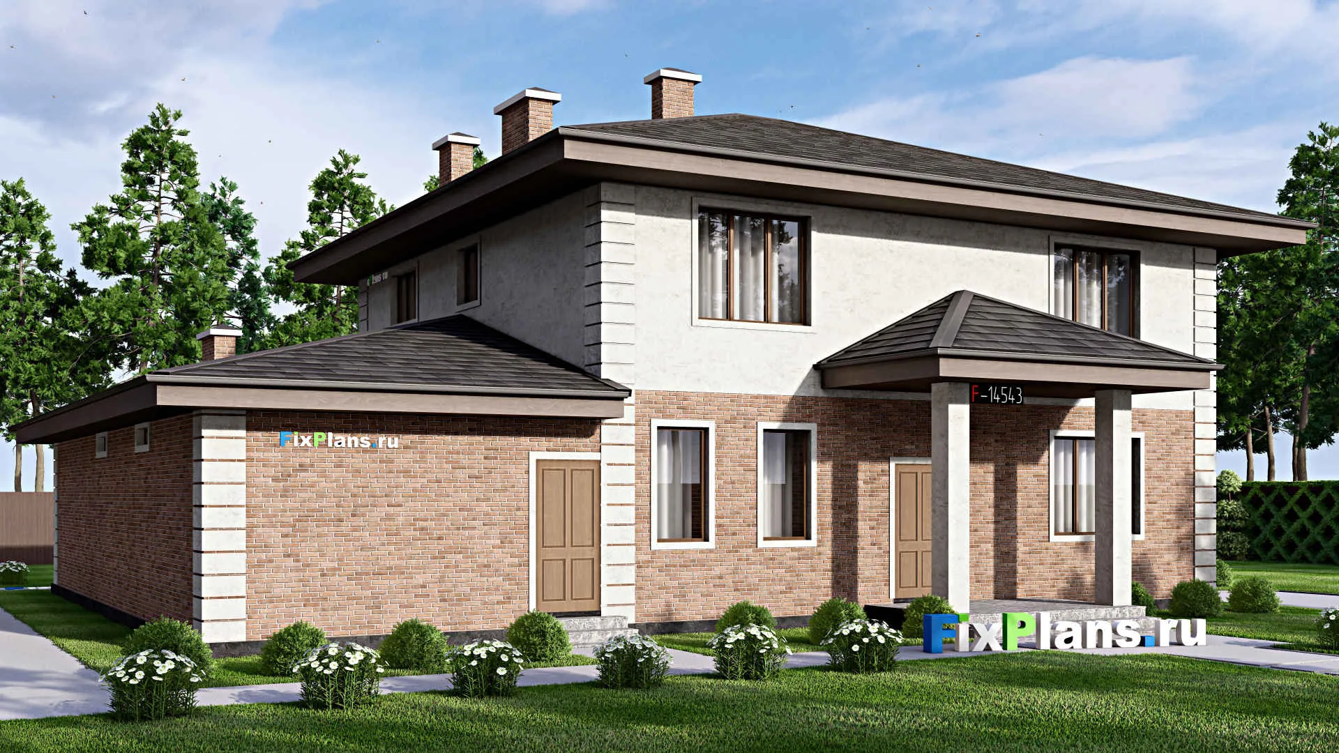 F-14543 - Проект двухэтажного дома 17 на 18, площадью 310 м² с террасой, баней, спортзалом и 6 спальнями