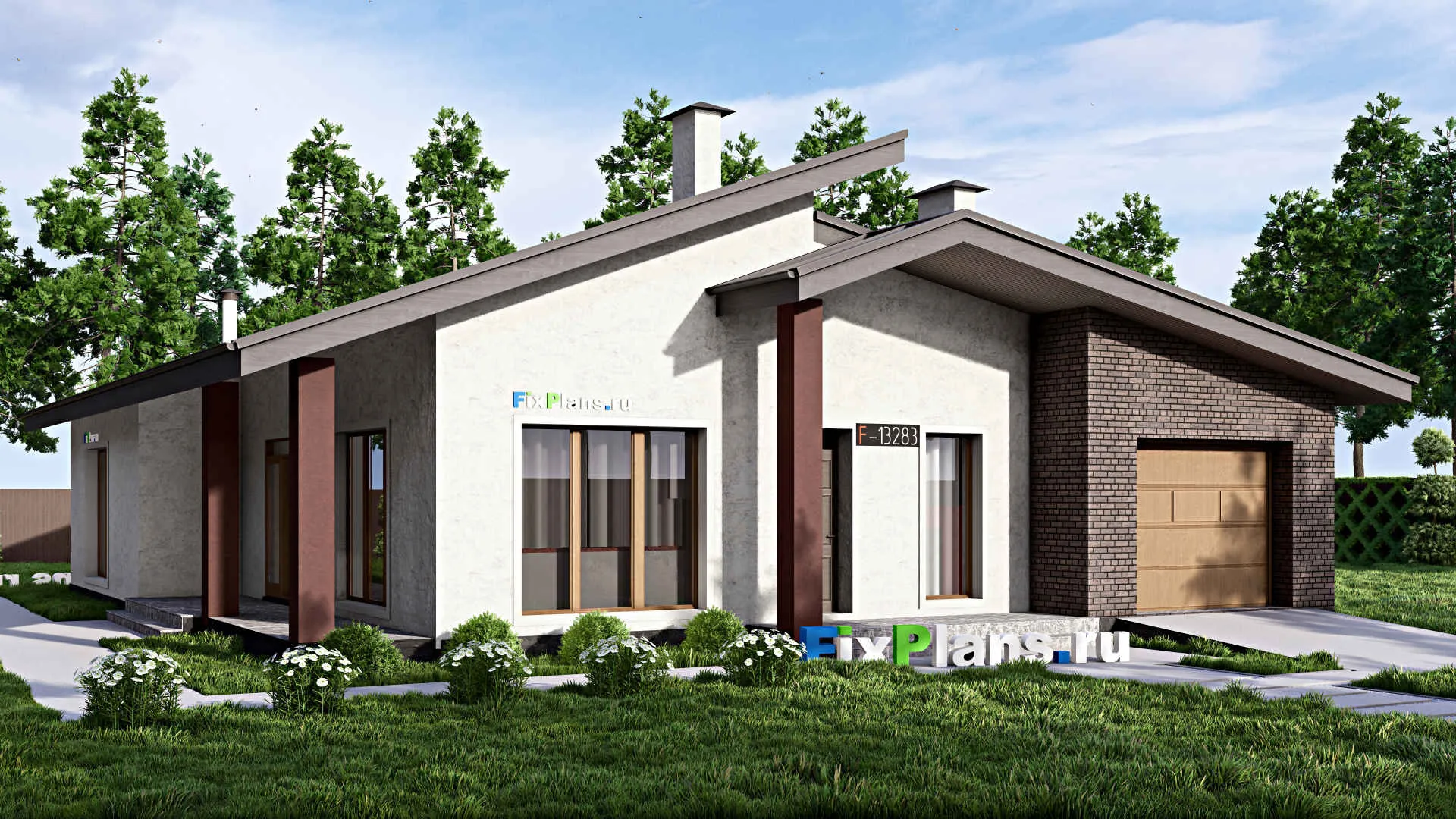 F-13283 - Проект одноэтажного дома 15 на 18, площадью 220 м² с террасой, гаражом на 1 машину и 3 спальнями