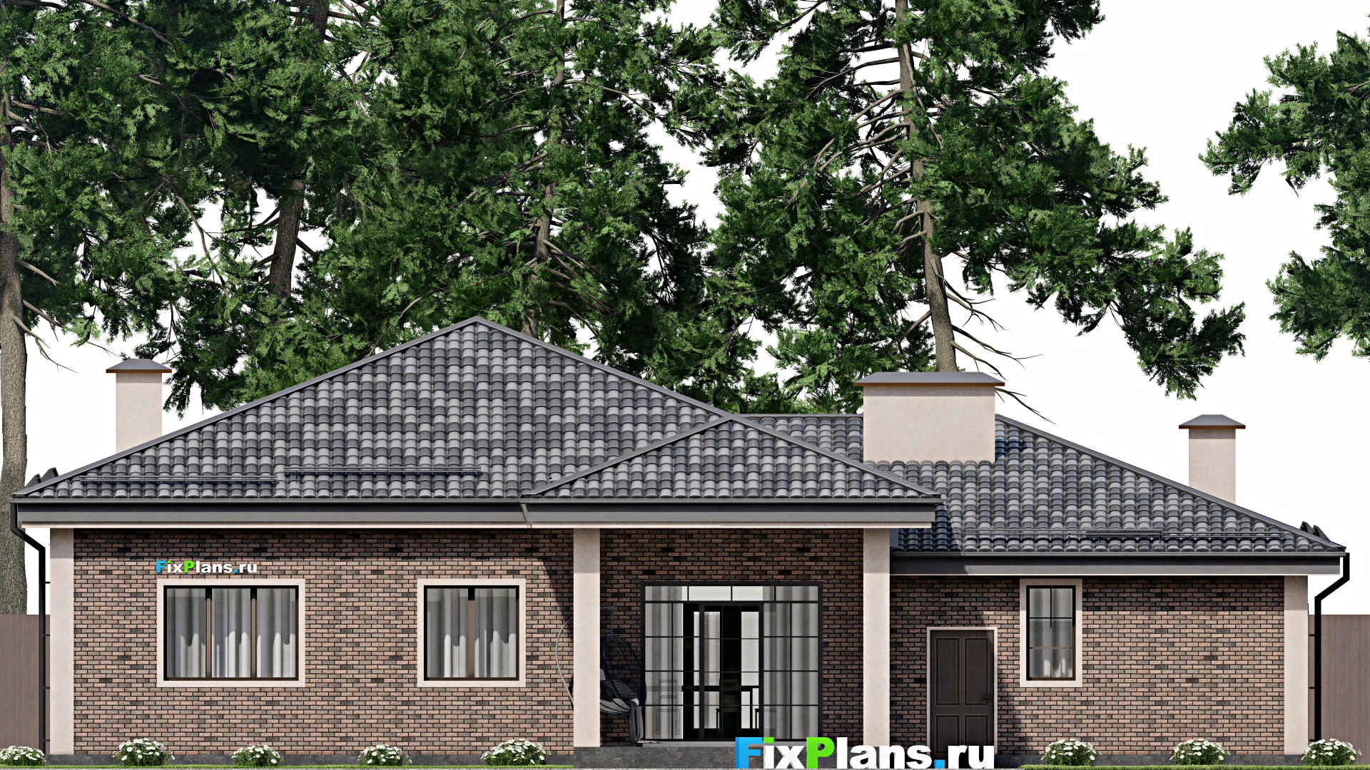 F-9512 - Проект одноэтажного дома 19 на 20, площадью 240 м² с террасой, гаражом на 2 машины и 4 спальнями