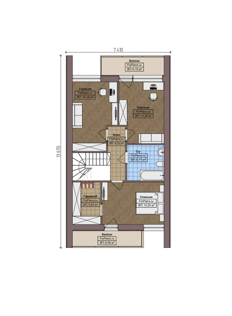 F-8873 - Планы дома с мансардой 10 на 14, площадью 180 м² с террасой, балконом и 3 спальнями