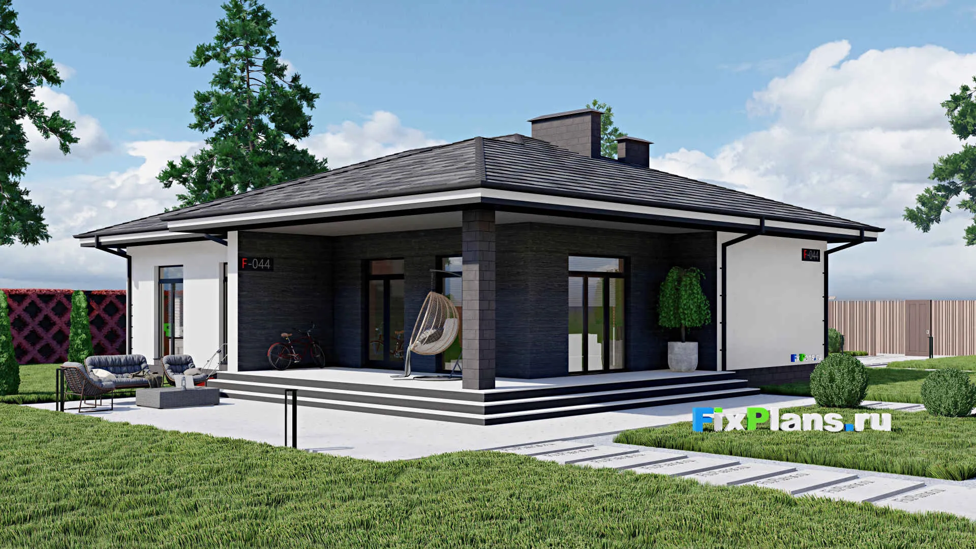 F-0044 - Проект одноэтажного дома 13 на 16, площадью 230 м² с террасой и 7 спальнями