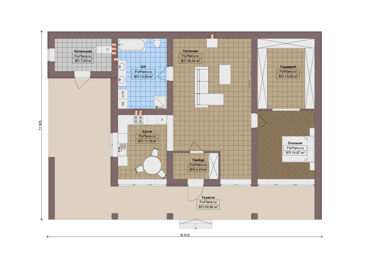 F-18134 - План одноэтажного дома 12 на 17, площадью 170 м² с террасой и 1 спальнями