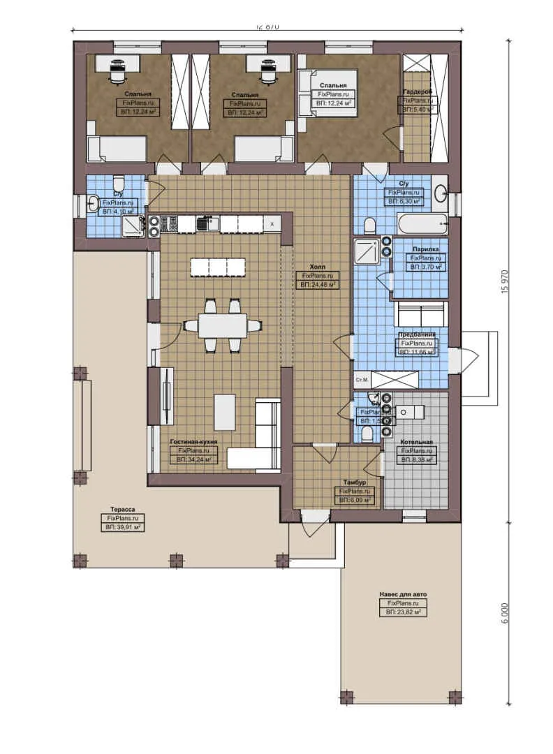 F-2663 - План одноэтажного дома 13 на 16, площадью 210 м² с террасой и 3 спальнями