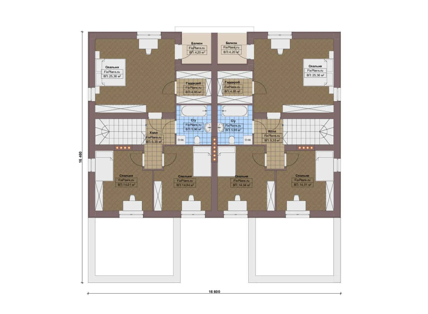 F-16667 - Планы двухэтажного дома 17 на 17, площадью 340 м² с балконом, гаражом на 2 машины и 6 спальнями